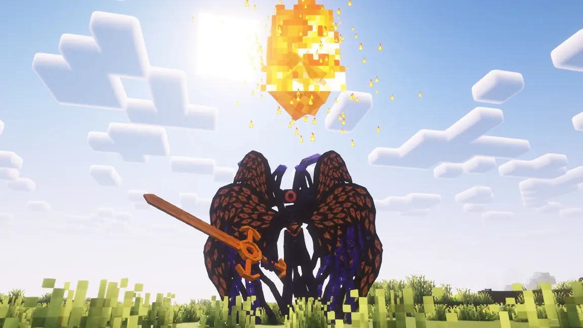 A winged boss holding a sword under a burning sun