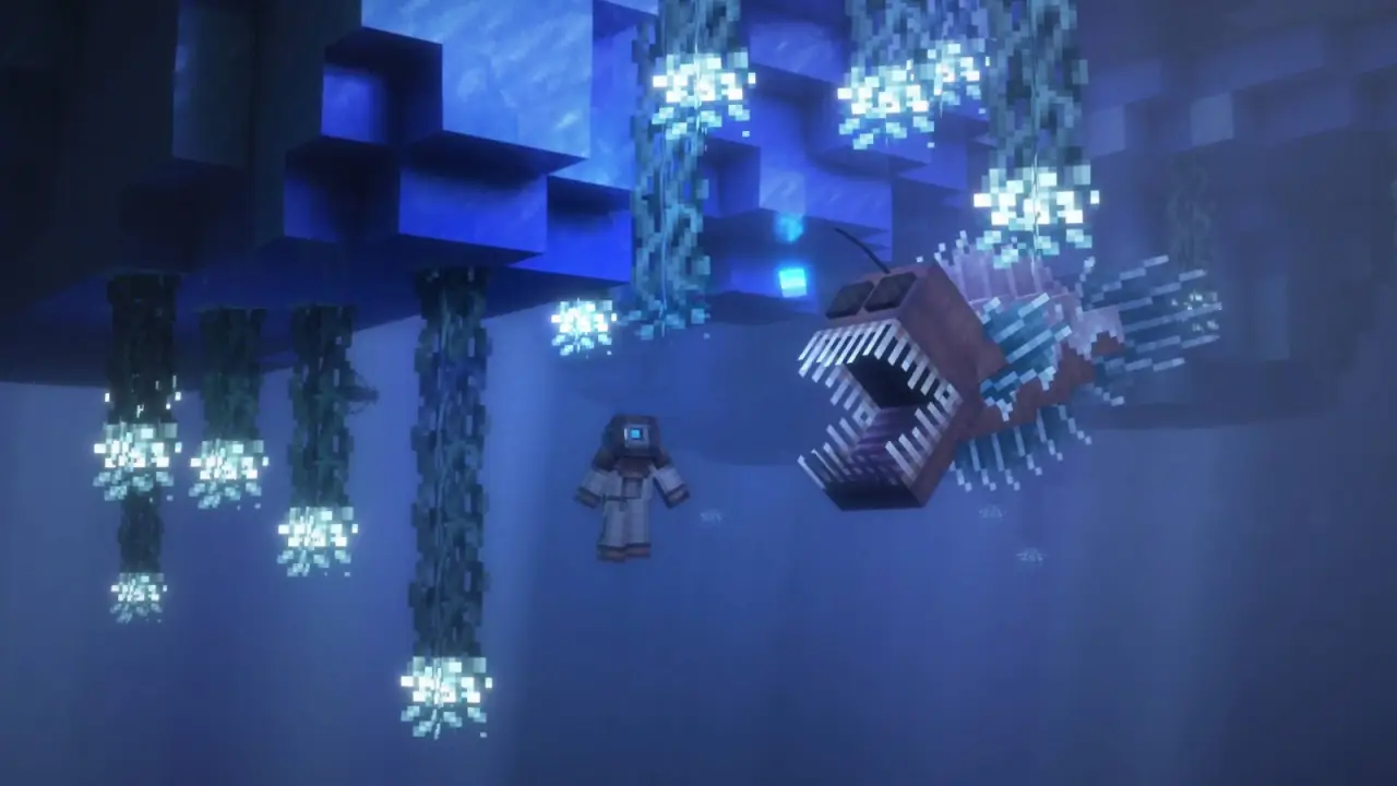 A deep-sea monster facing a player underwater