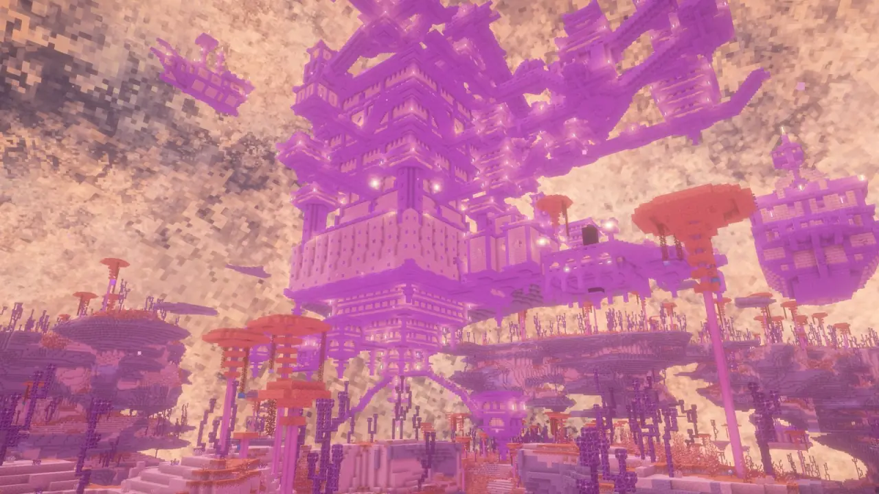 Purple trees and mushrooms in an outer End biome