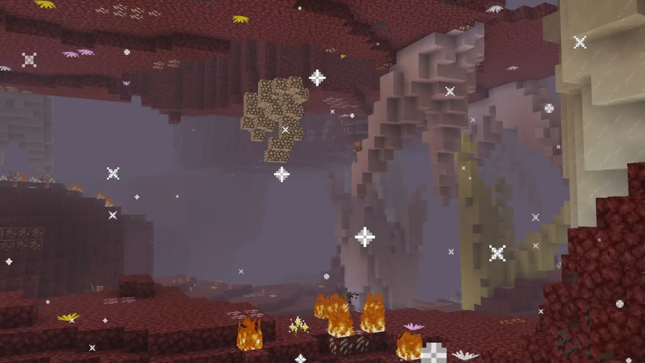 Ash falling over a Nether biome with pale fungus trees