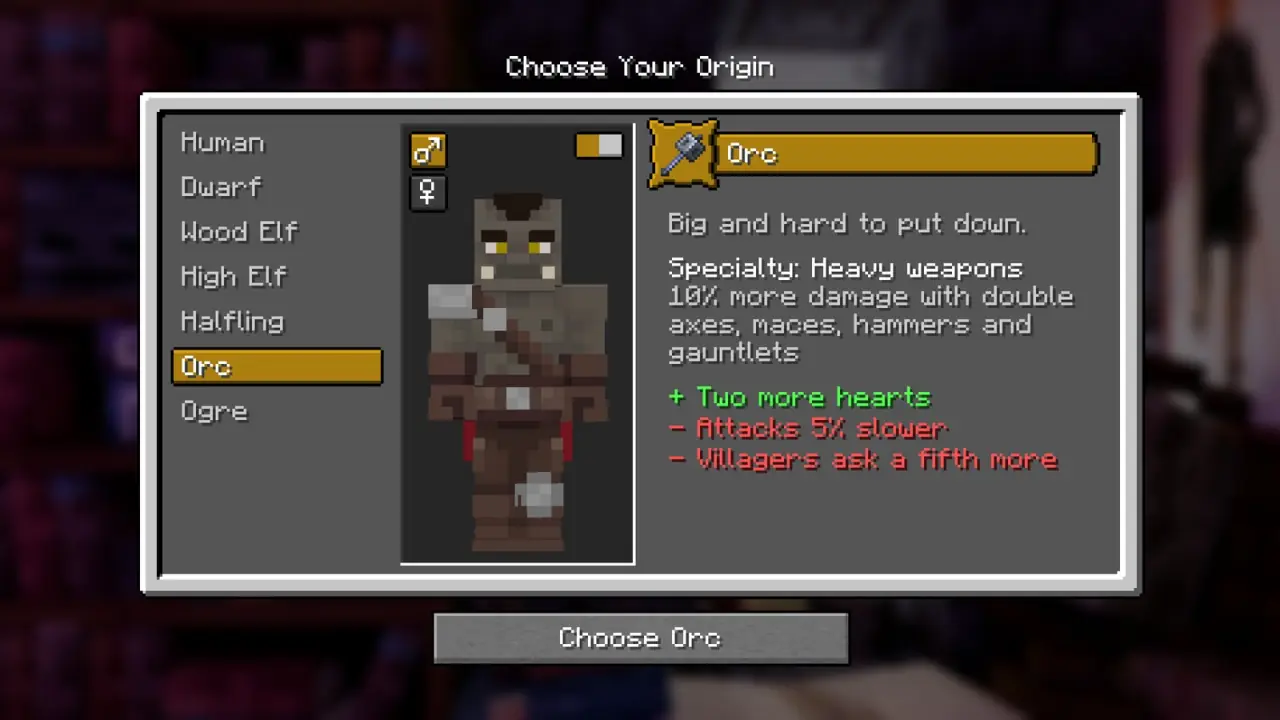 The Choose Your Origin screen, with the Orc selected