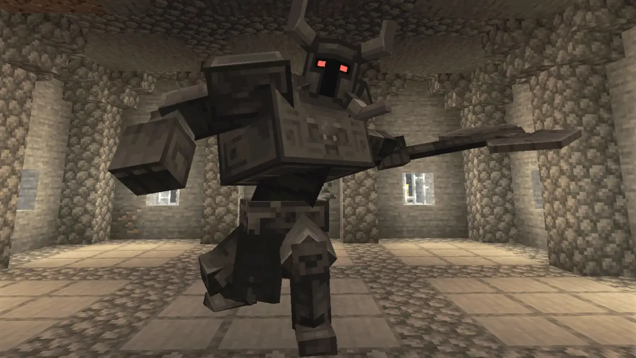 An iron knight boss in a stone hall