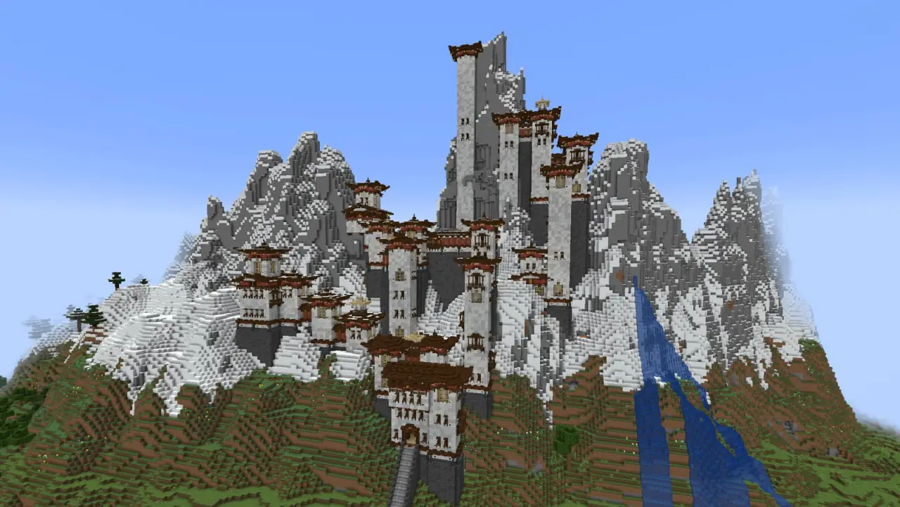 A castle on a snowy mountain peak