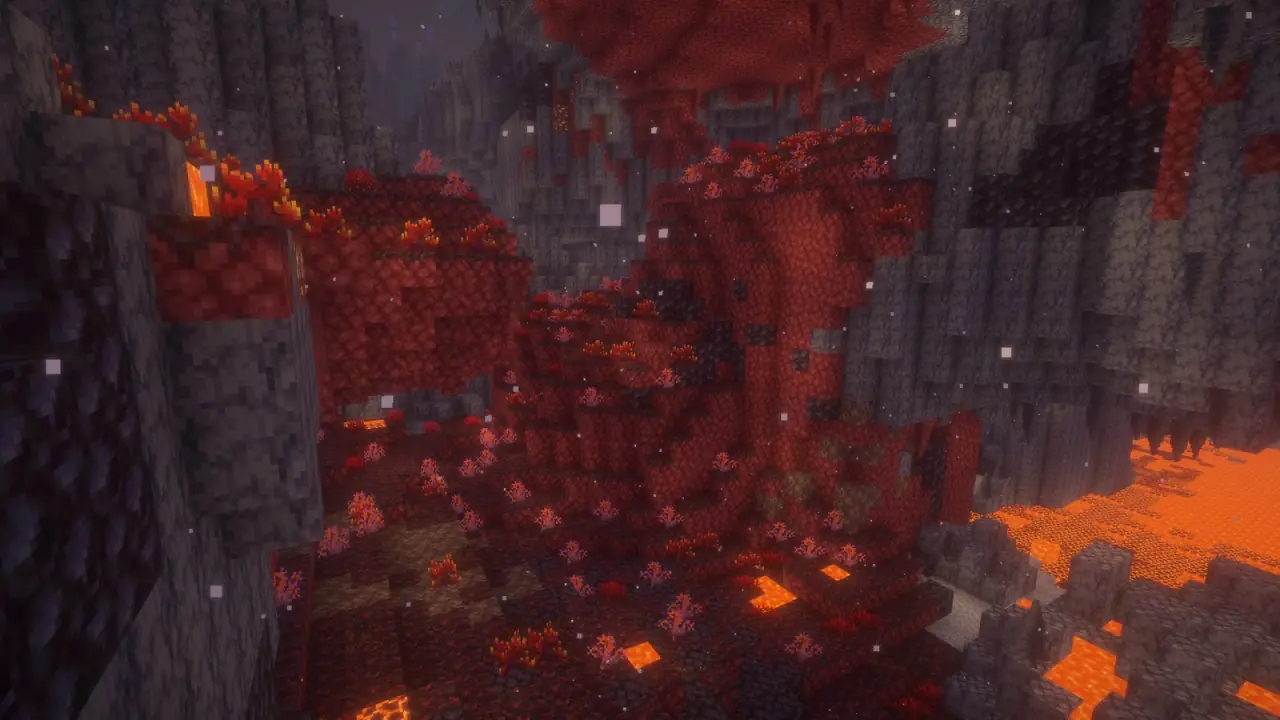 Crimson cliffs and lava in a Nether biome
