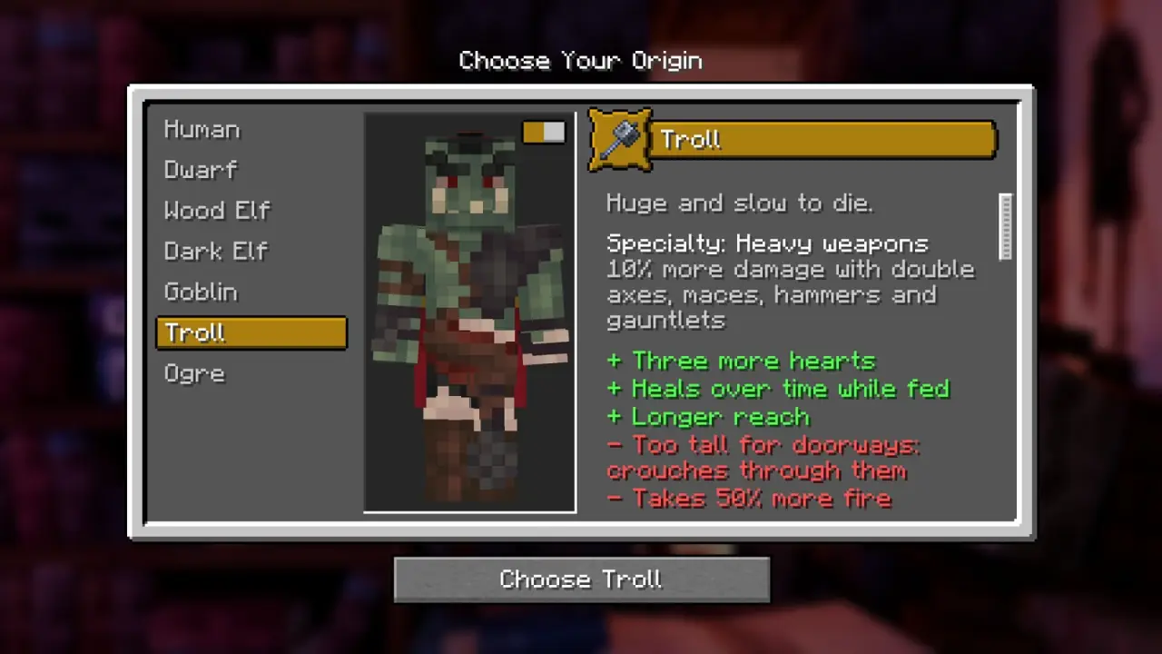 The Choose Your Origin screen, with the Troll selected
