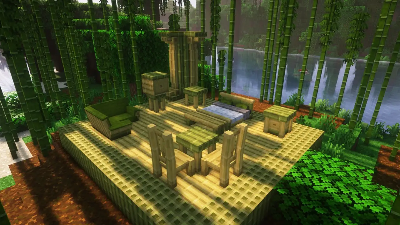 A wooden table and chairs on a deck among bamboo