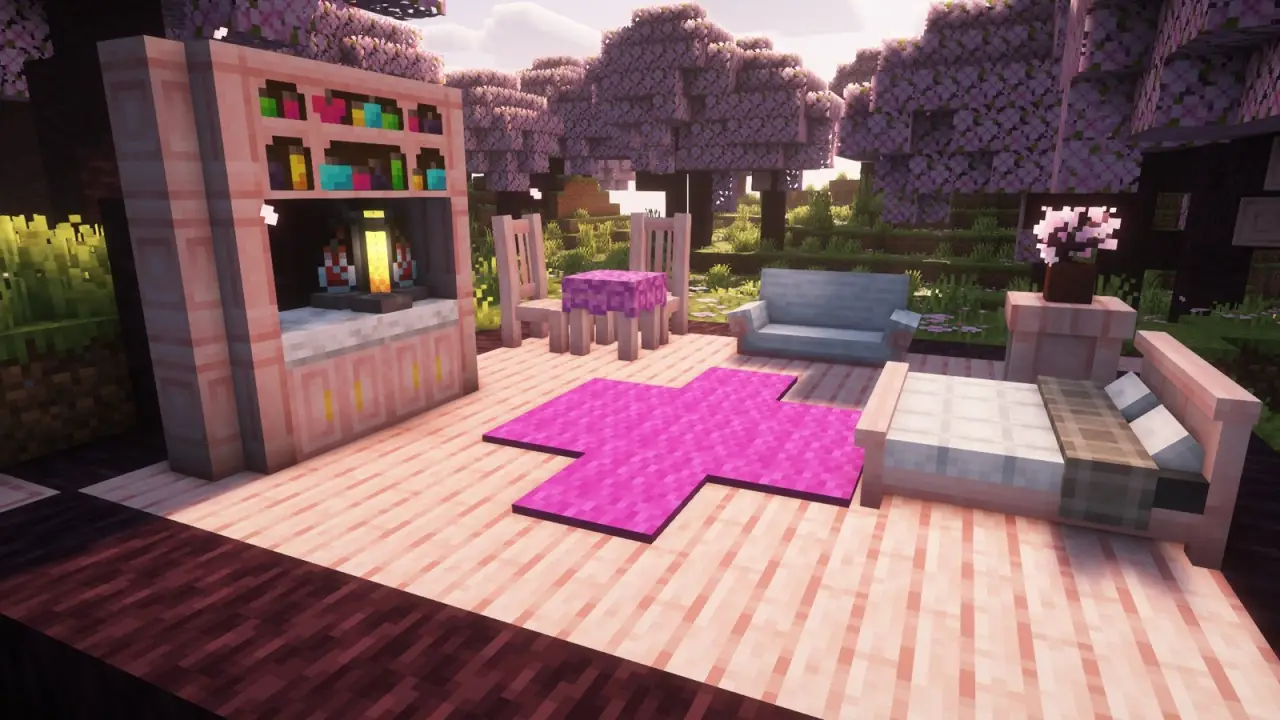 A pink room with a sofa, a bookcase and a rug