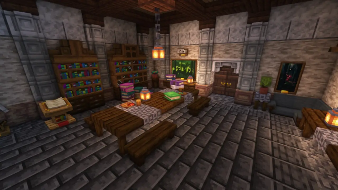 A stone hall furnished with tables, bookshelves and lamps