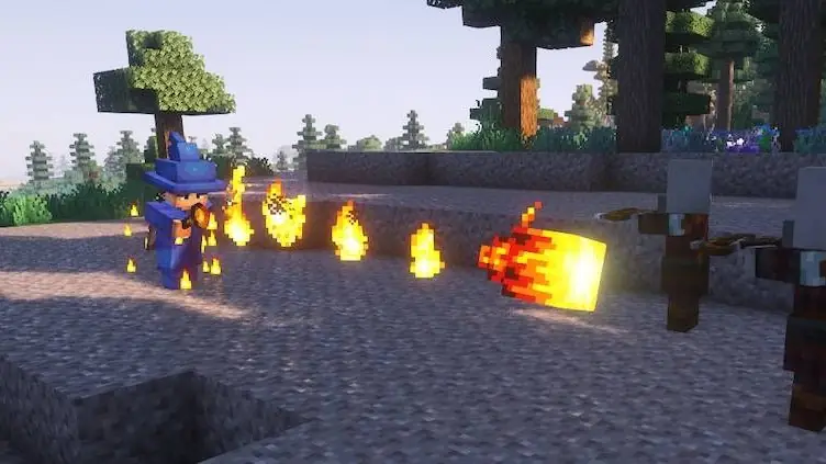 A wizard in blue robes casting a line of fire