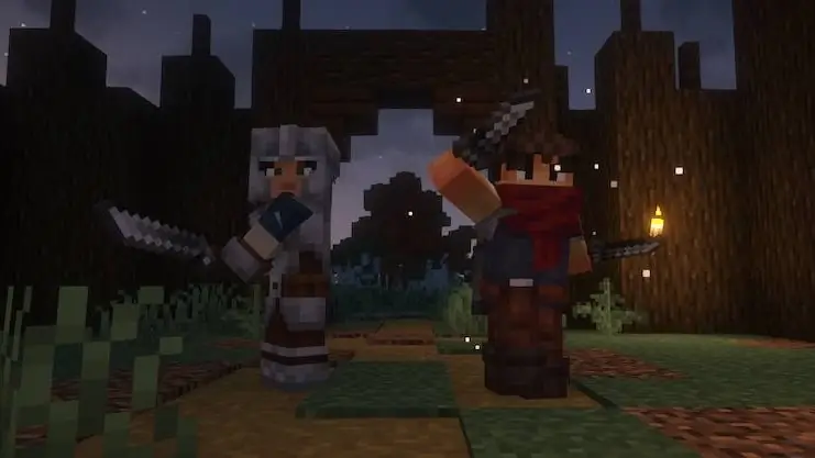Two armored fighters with blades at night