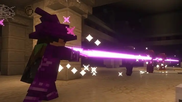 A wizard in purple robes casting an arcane beam